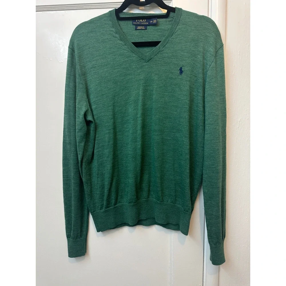 Polo Ralph Lauren Green Merino Wool V-Neck Sweater Mens Large Custom Fit